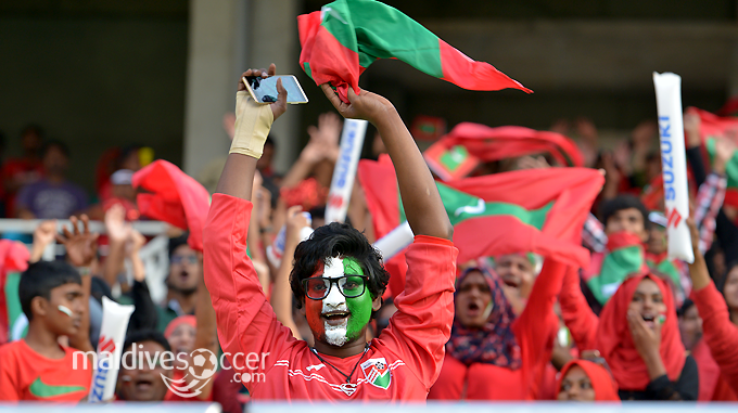 Maldives supporters during the match against Bangladesh yesterday. (MS photo: Ibrahim Faid)