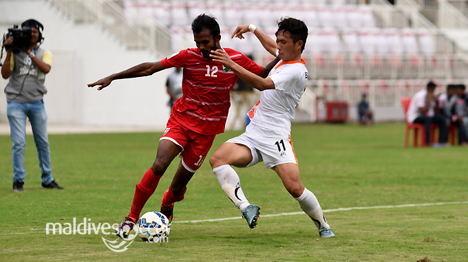 Ashad Ali in action against Bhutan today. Madives won the match by 3-1. (MS photo: Ibrahim Faid)