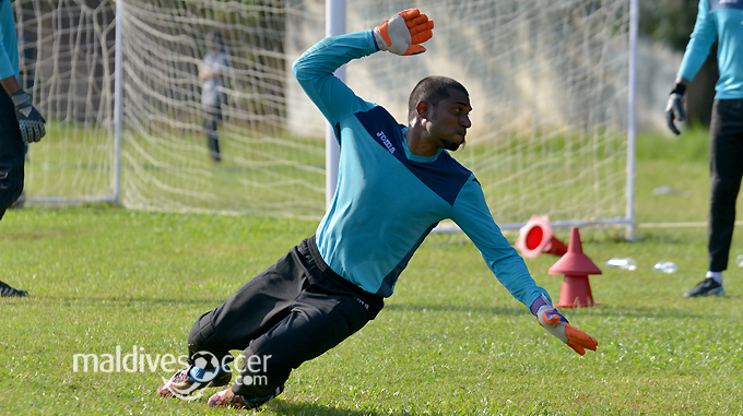National team keeper Imran Mohamed during today's training session. (MS Photo: Ibrahim Faid)