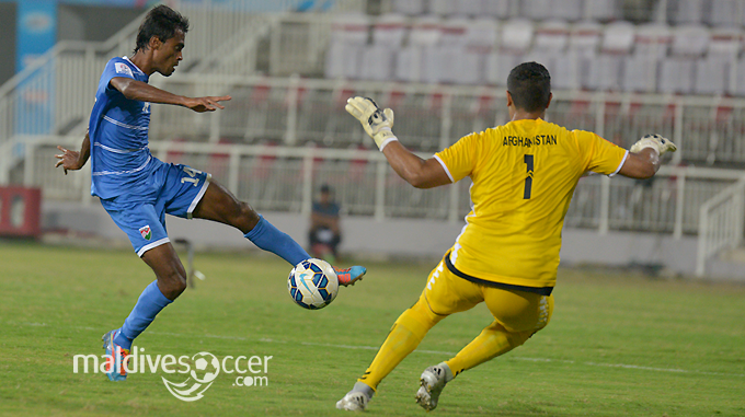 Nashid in action against Afghanistan today. Maldives lost the match by 4-1. (MS Photo: Ibrahim Faid)