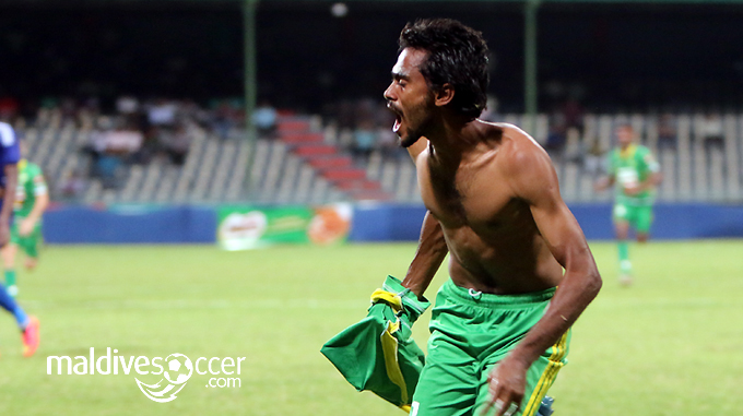 Nashid celebrating the goal against New Radiant in the dying minutes of the game. (MS Photo: Ismail Affan)